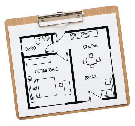Plano de una vivienda en un portapapeles